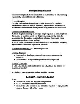 Solving One Step Equations Lesson Plan Writing One Step Equations - Writing One Step Equations