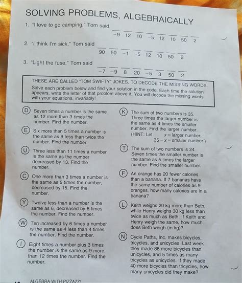 Solving Problems Algebraically Tom Swifty Jokes Answers