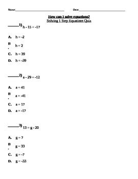 Download Solving Single Step Equations Multiple Choice Test 