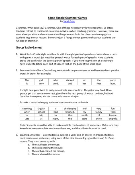 Some Simple Grammar Games Group Table Games