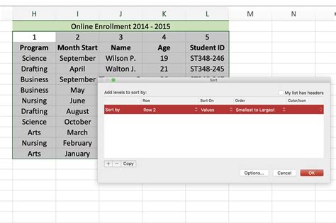 sort rows in excel