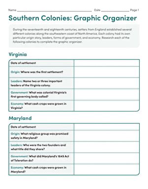 Southern Colonies Graphic Organizer Worksheet Education Com Southern Colonies Worksheet - Southern Colonies Worksheet