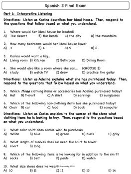 Spanish 2 Final Exam Study Answers