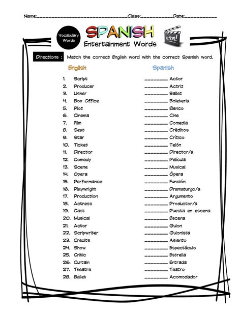 Spanish Entertainment Vocabulary Matching Worksheet Amp Matching Vocabulary Worksheet - Matching Vocabulary Worksheet