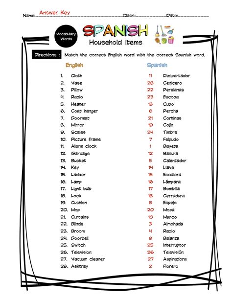 Spanish Household Items Vocabulary Matching Worksheet Amp Vocabulary Matching Worksheet - Vocabulary Matching Worksheet