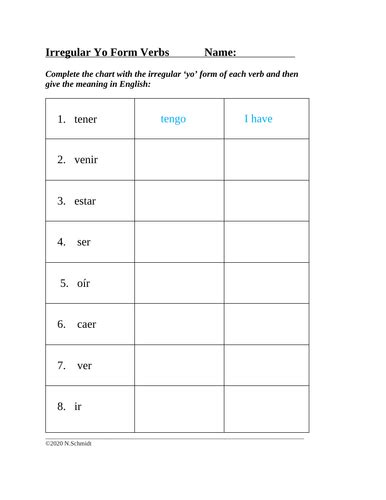 Spanish Irregular Verbs Quiz Irregular Yo Verbs Worksheet - Irregular Yo Verbs Worksheet