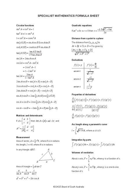Specialist Maths Formula Sheet