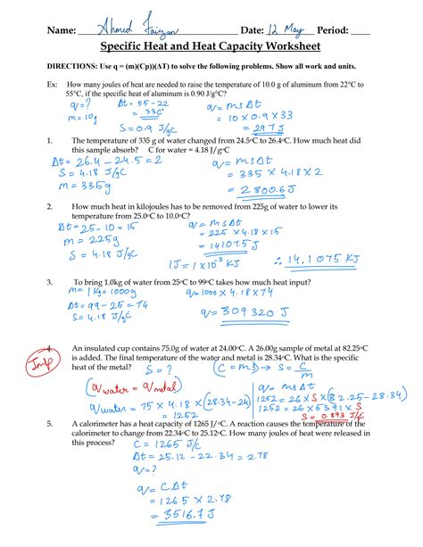 Specific Heat Practice Problems Worksheet