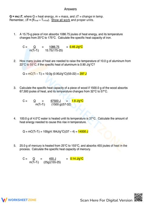 Specific Heat Worksheet