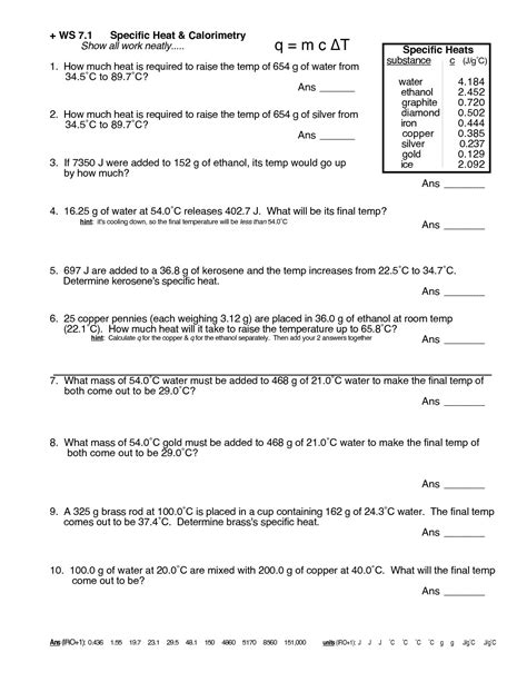 Specific Heat Worksheet Answer Key Calculating Specific Heat Worksheet Answers - Calculating Specific Heat Worksheet Answers