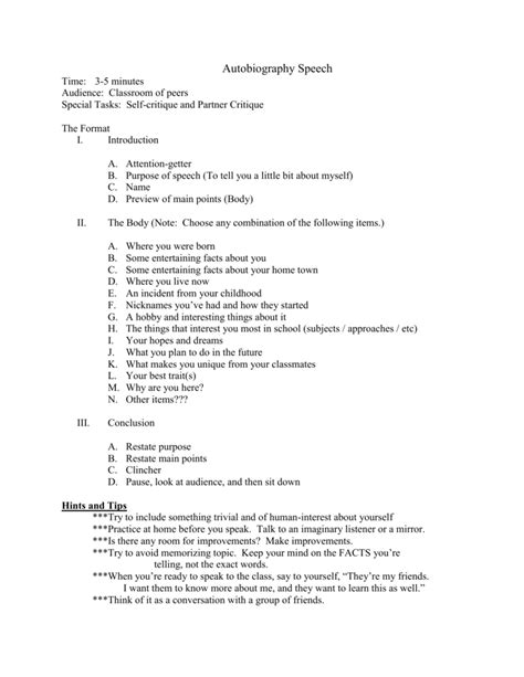 speech autobiography outline