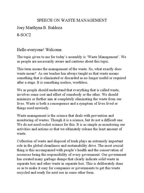 Speech On Waste Management