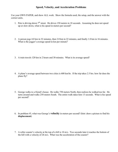 Speed Velocity And Acceleration Problems Worksheet Answers