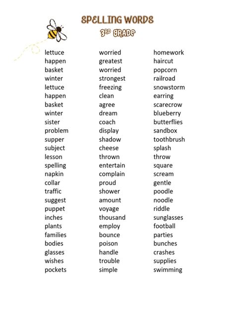 Spelling Bee Words For 3rd Graders