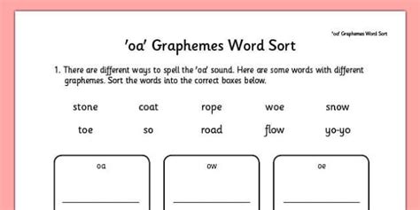Spelling Word Worksheets Also Oa Graphemes Word Sort Word Sort Worksheet - Word Sort Worksheet