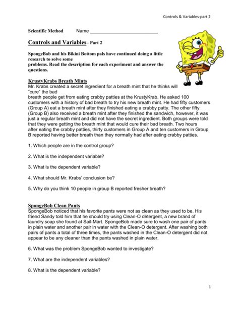 Spongebob Science Variables Worksheet By Amy Mele Tpt Sponge Bob Science Worksheets - Sponge Bob Science Worksheets