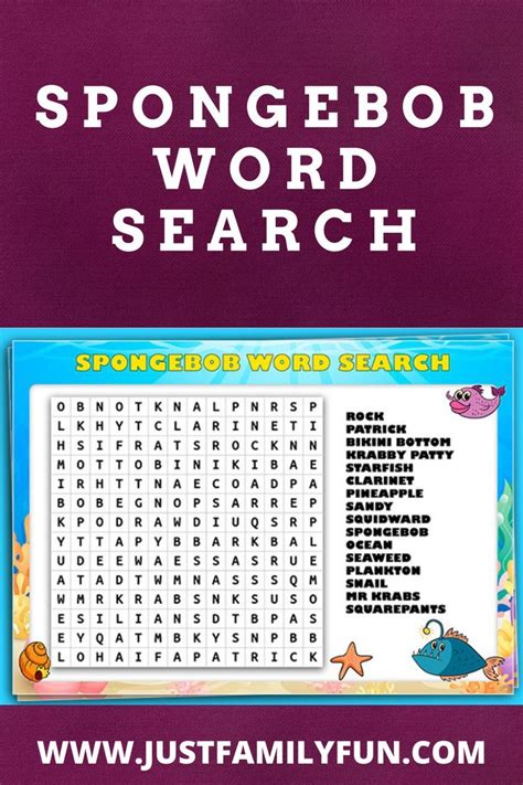 spongebob word search is shown with the words on it and an image of his
