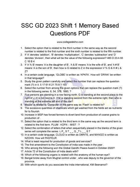 Ssc Gd Question Paper 2020 In Hindi Pdf