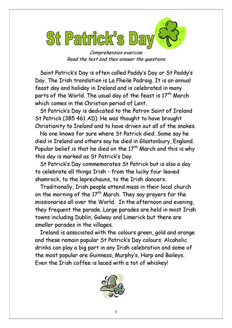 St Patricku0027s Day Reading Comprehension Stories With Questions St Patrick S Day Comprehension Worksheet - St Patrick's Day Comprehension Worksheet