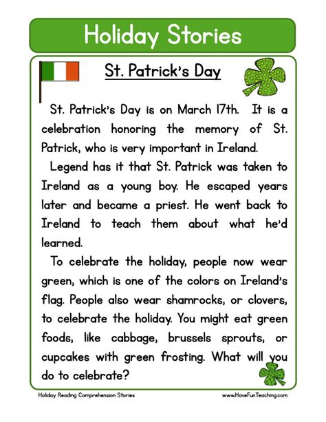 St Patricku0027s Day Reading Comprehension Worksheet St Patrick S Day Comprehension Worksheet - St Patrick's Day Comprehension Worksheet