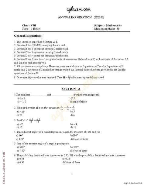 Standard 8 Maths Paper