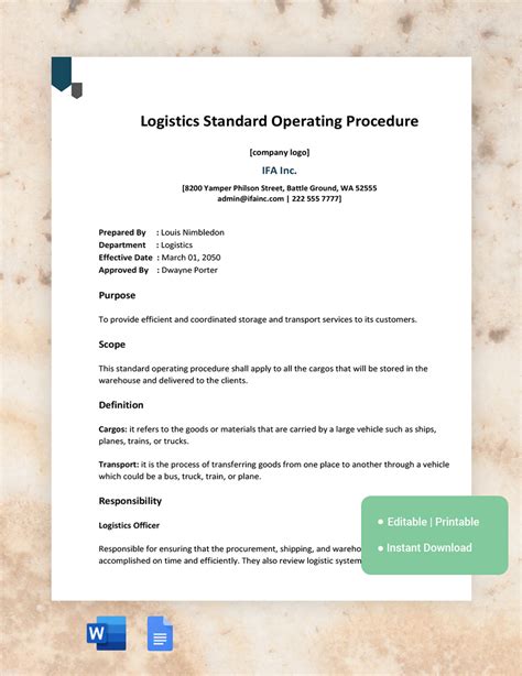 Standard Operating Procedure Logistics Operational Guide