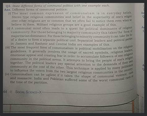 State Different Forms Of Communal Politics With One Example Each