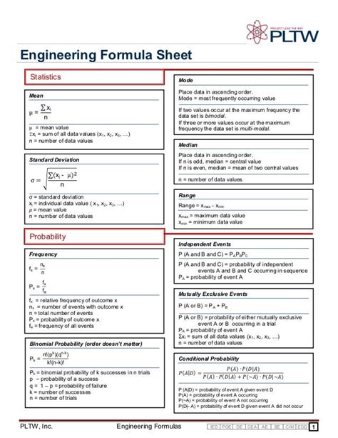 statistics for scientists and engineers formula sheet
