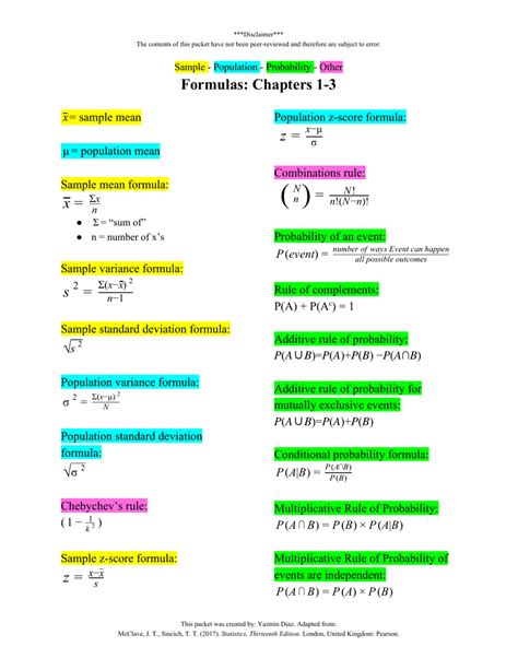 Statistics Formulas Cheat Sheet