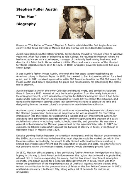stephen f austin biography summary template