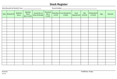 Stock Register Format
