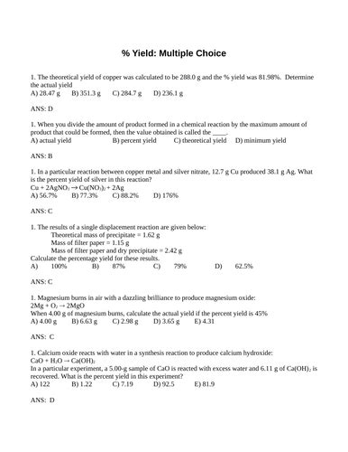 Stoichiometry Percent Yield Multiple Choice Grade 11 Chemistry Stoichiometry Percent Yield Calculations Worksheet Answers - Stoichiometry Percent Yield Calculations Worksheet Answers