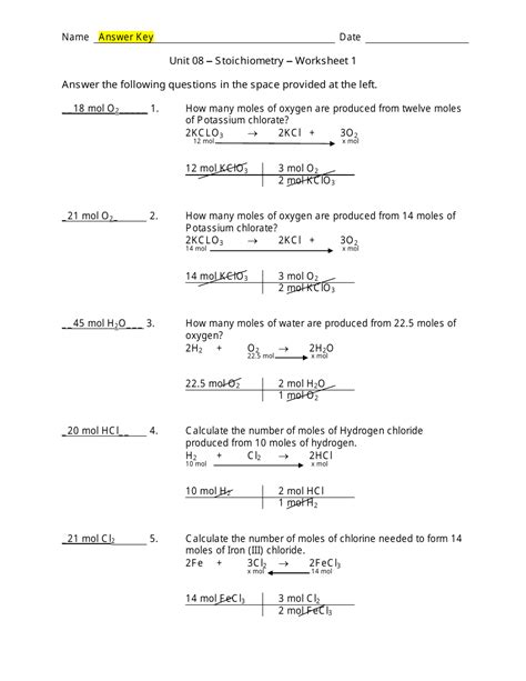 Stoichiometry Practice Answer Key