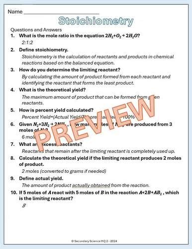 Stoichiometry Review Study Guide Answer Key