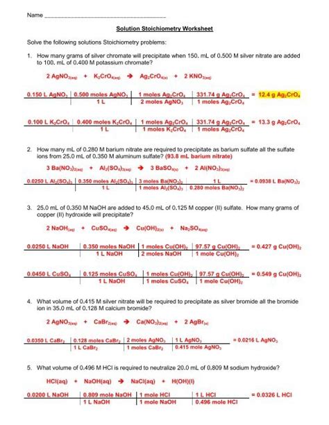 Stoichiometry Solutions Worksheet