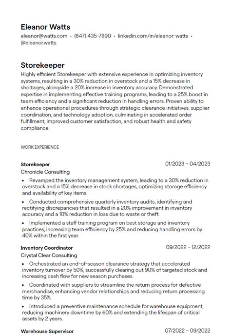 Store Keeper Cv