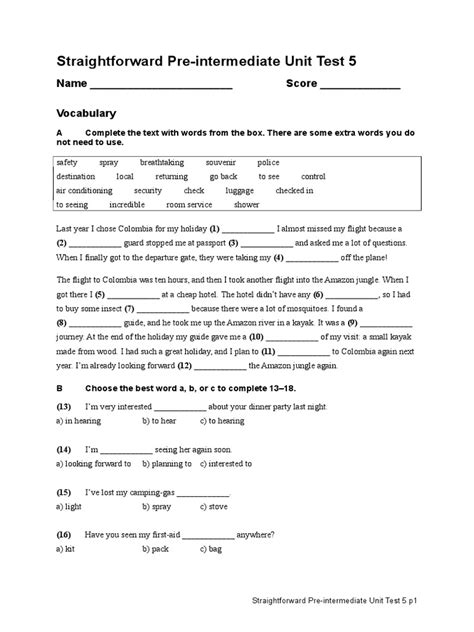 Straightforward Pre Intermediate Unit Test 9 Answer Key