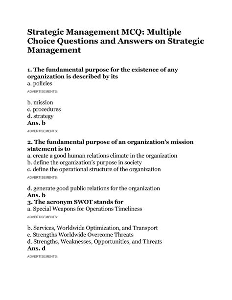 Read Online Strategic Management Multiple Choice Questions And Answers 