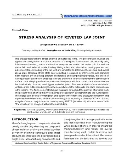 Stress Analysis Of Riveted Lap Joint Ijmerr