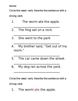 Strong Verb Worksheet   Pdf Grammar Worksheets Using Strong Verbs Grammar Worksheets - Strong Verb Worksheet