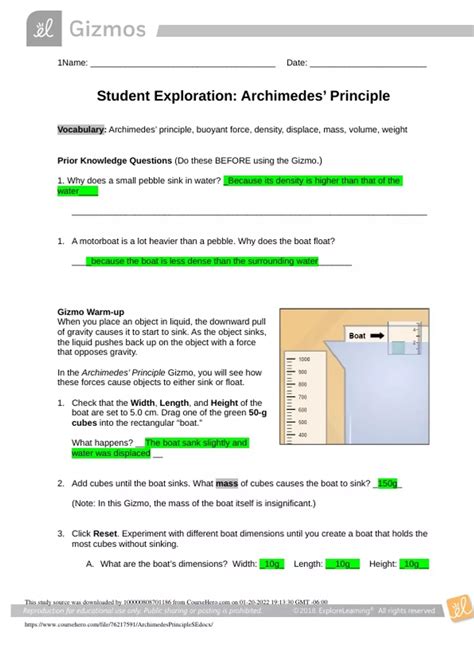 student exploration archimedes principle answer key
