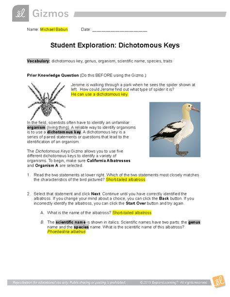 Student Exploration Dichotomous Keys Answer Key