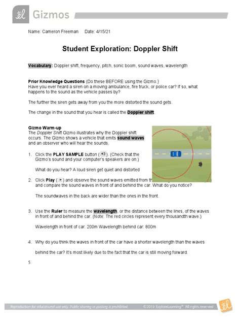 Student Exploration Doppler Shift