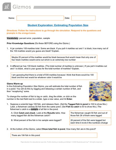 Student Exploration Estimating Population Size Gizmo Answer Key