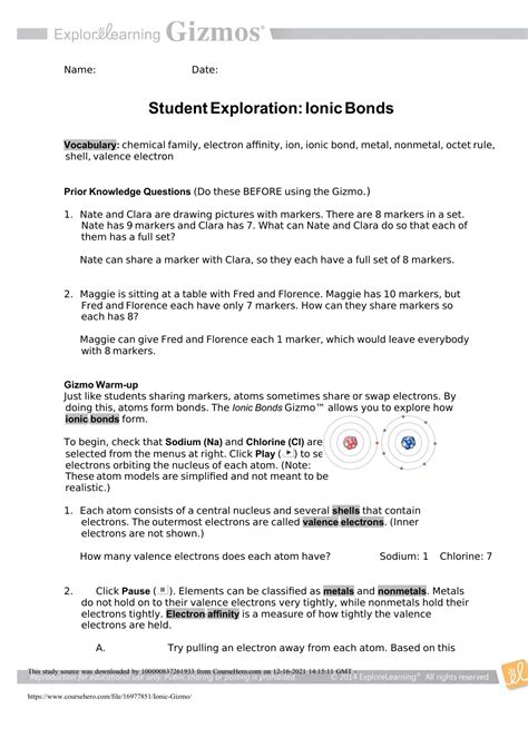 Student Exploration Ionic Bonds