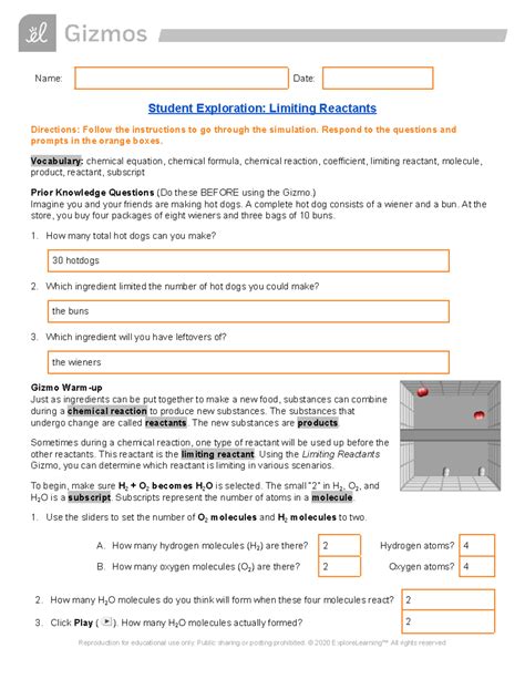 Student Exploration Limiting Reactants