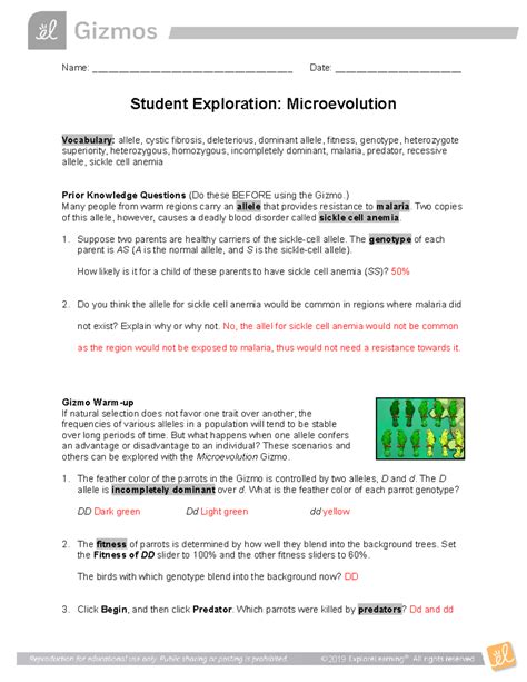 Student Exploration Microevolution Answer Key