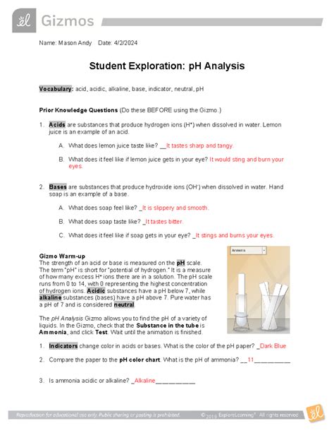 Student Exploration Ph Analysis Answer