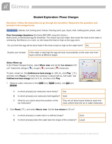 Student Exploration Phase Changes Gizmo Answer Key