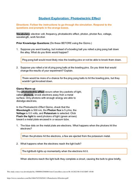 Student Exploration Photoelectric Effect Answer Key